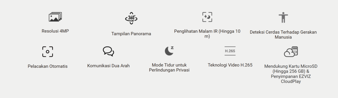 Spesifikasi teknis Ezviz C6N Smart Camera 4MP, termasuk resolusi, fitur AI, dan sudut pandang